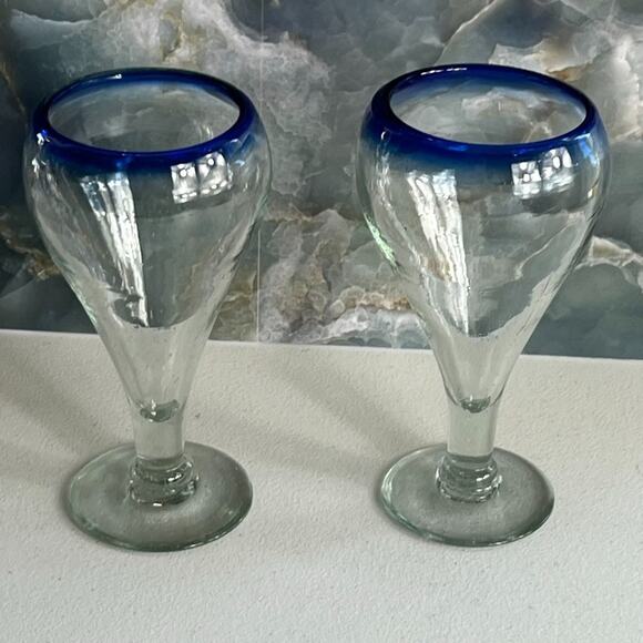 Mexican Hand Blown Cobalt Blue Rim Water Beer Pilsner Goblets 7.75” Tall - Picture 2 of 7